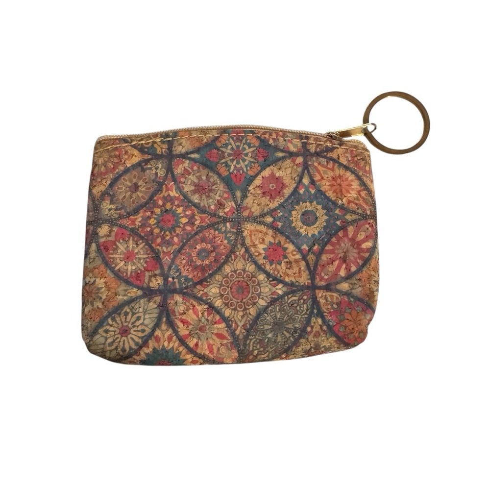 Boho Mandala Cork Vegan Leather Coin Purse Keyring Zip Pouch Eco Friendly